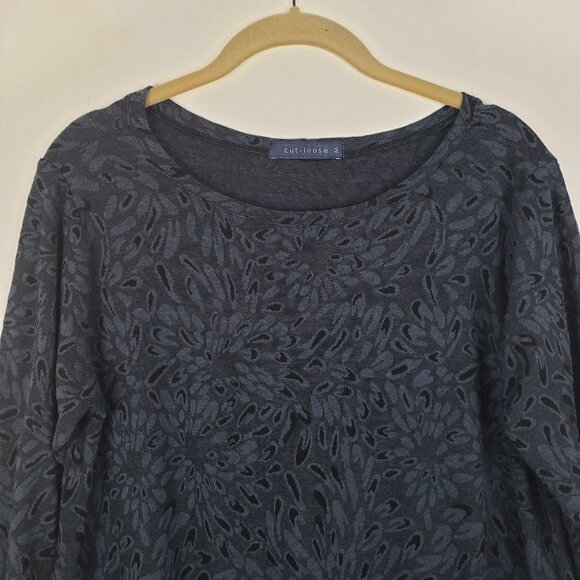 Cut Loose Blue Floral Tunic Top 3/4 Sleeve Sharkbite Hem Lagenlook Size Medium - Picture 3 of 6